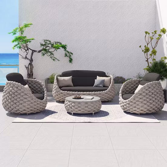 Ensembles de Table et chaises avec cadre en aluminium de qualité supérieure, finition en bois, canapés de jardin, mobilier d'extérieur en rotin